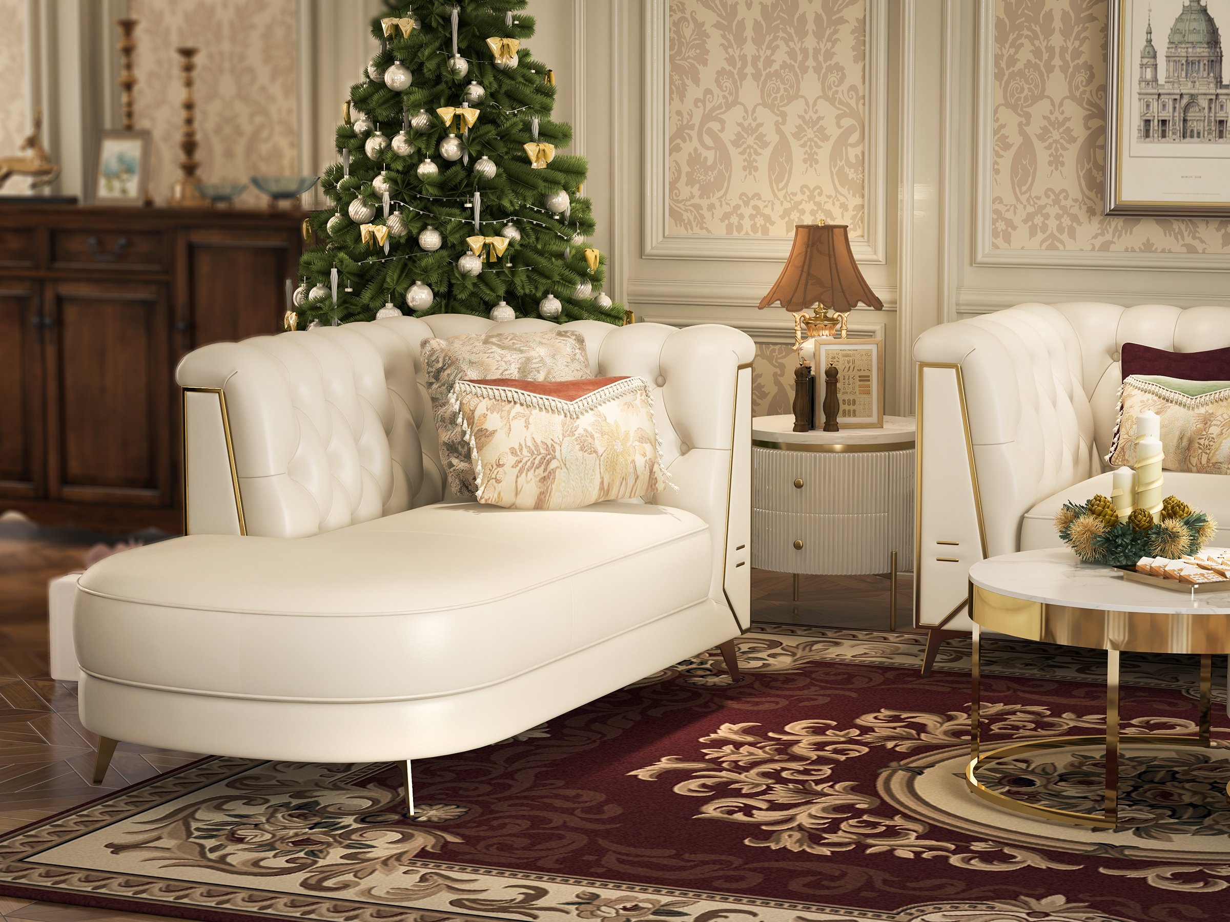 HMR - 3-Piece Modern Living Room Set Chesterfield Sofa with Chaise and Chair in Off-White