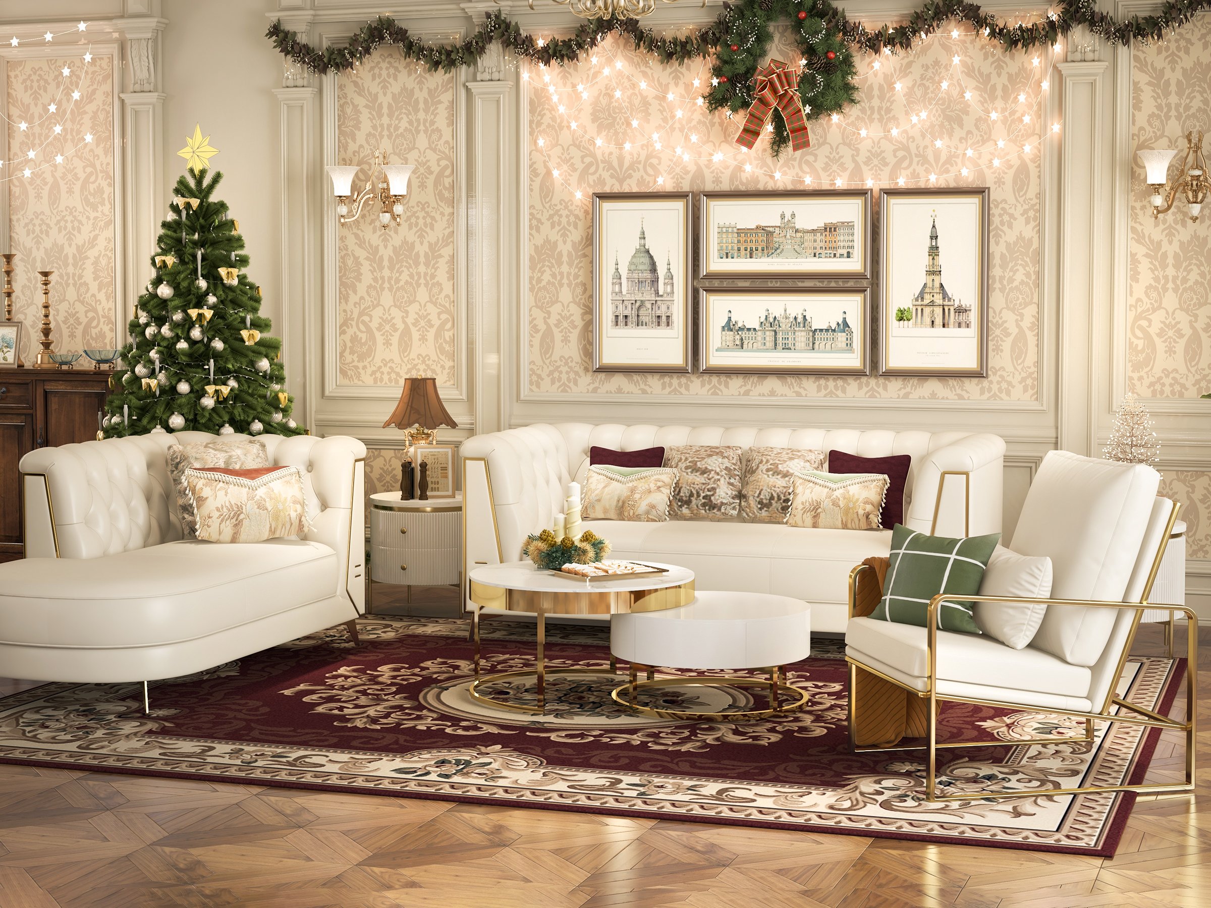 HMR - 3-Piece Modern Living Room Set Chesterfield Sofa with Chaise and Chair in Off-White