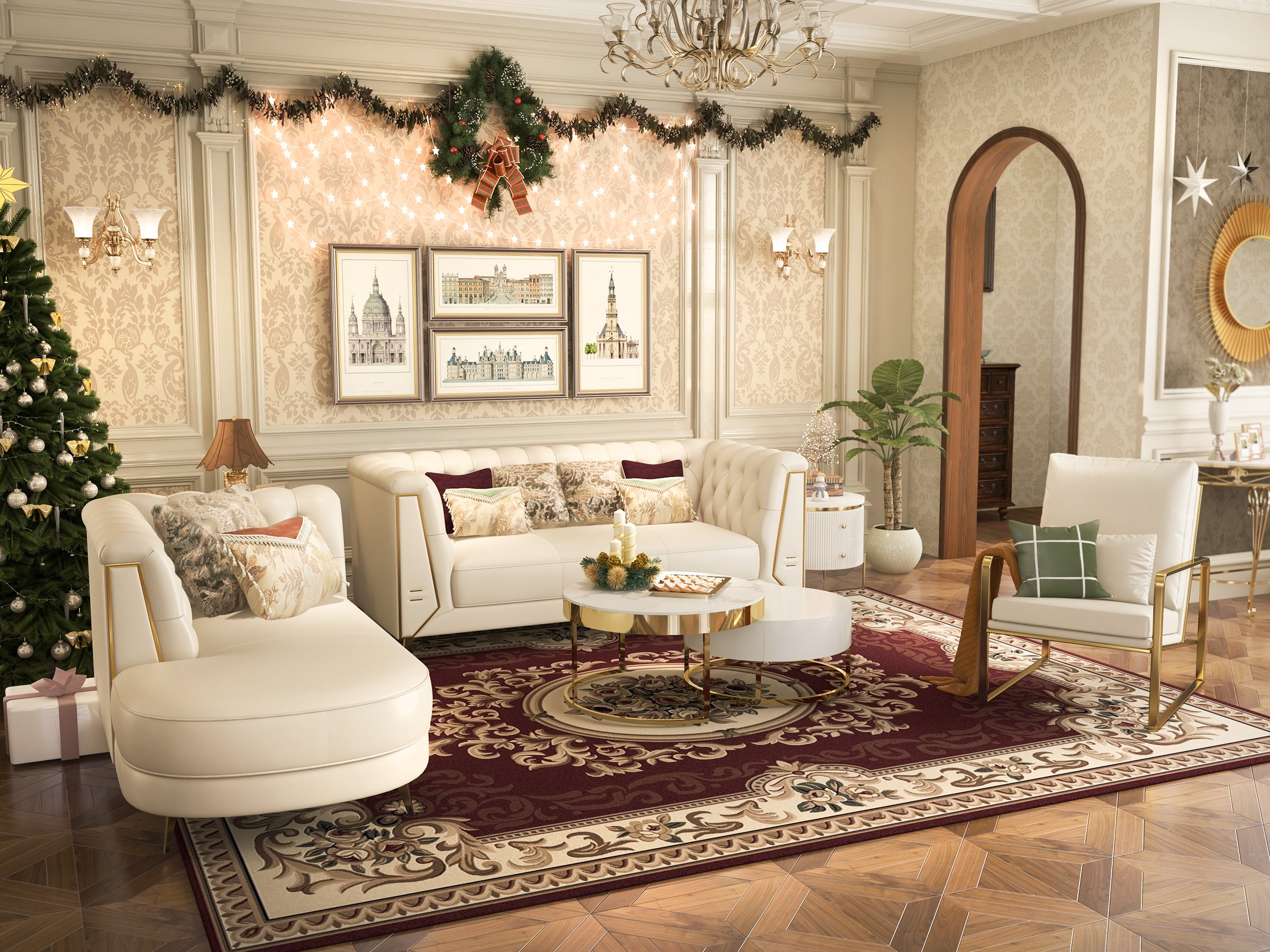 HMR - 3-Piece Modern Living Room Set Chesterfield Sofa with Chaise and Chair in Off-White