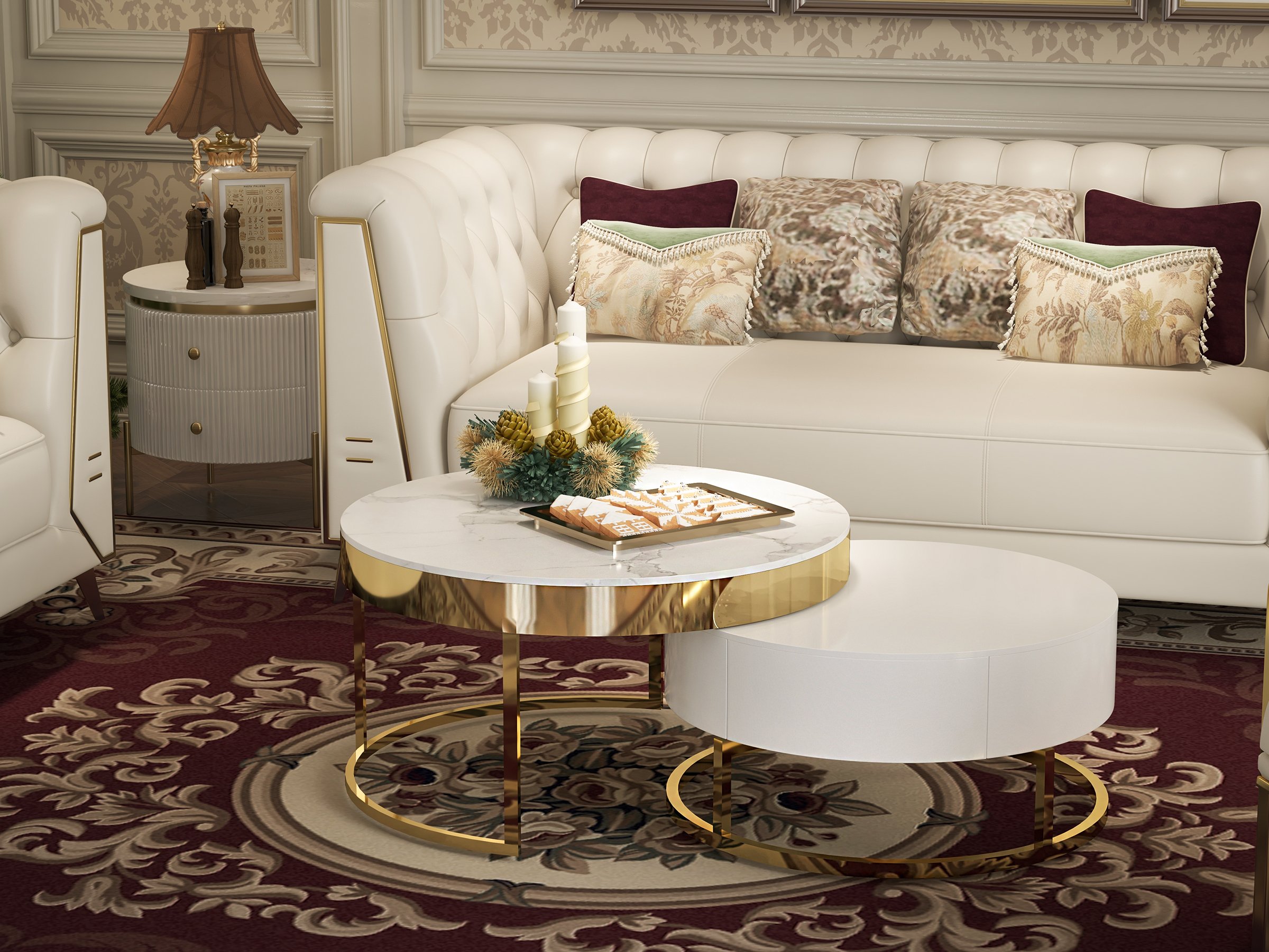 HMR - 3-Piece Modern Living Room Set Chesterfield Sofa with Chaise and Chair in Off-White