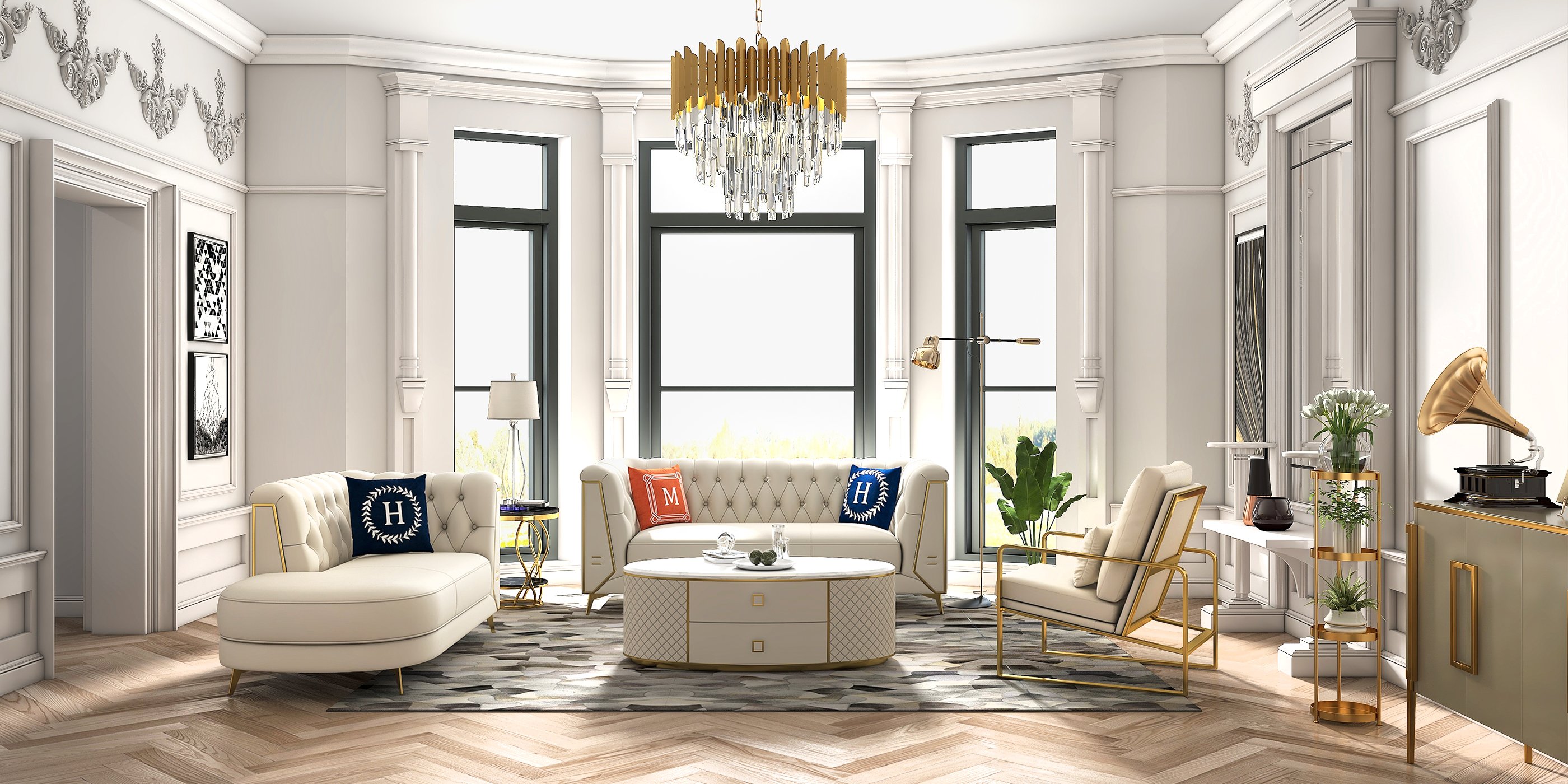 HMR - 3-Piece Modern Living Room Set Chesterfield Sofa with Chaise and Chair in Off-White