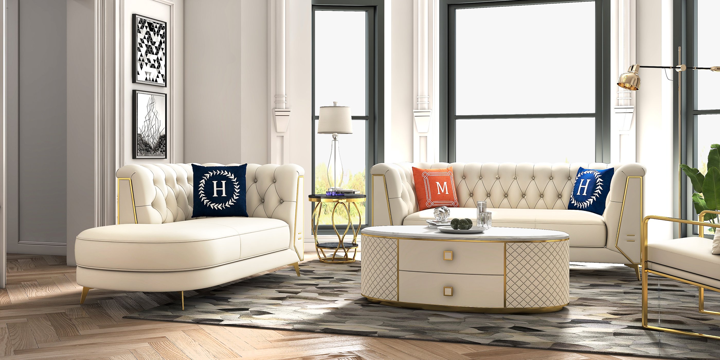 HMR - 3-Piece Modern Living Room Set Chesterfield Sofa with Chaise and Chair in Off-White