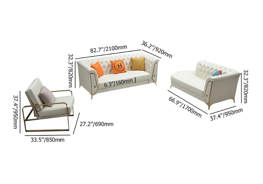 HMR - 3-Piece Modern Living Room Set Chesterfield Sofa with Chaise and Chair in Off-White