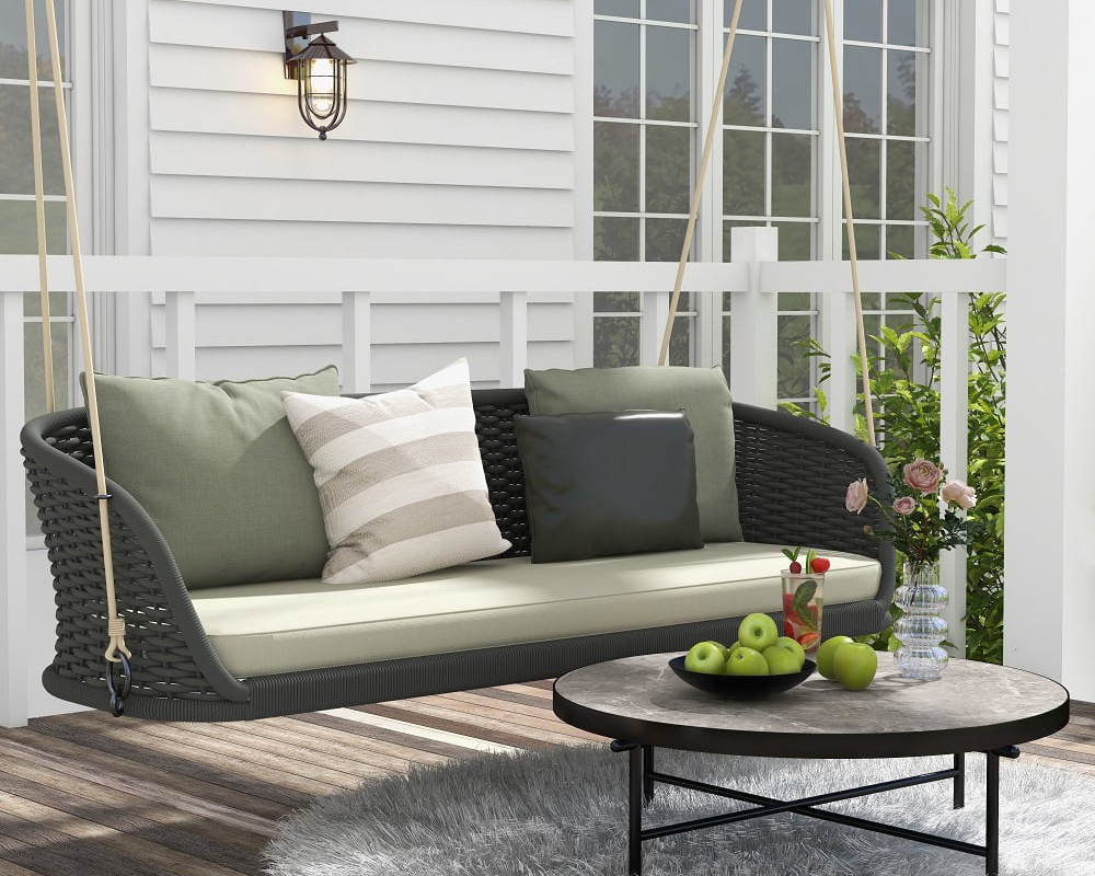 HMR Traditional Wide Outdoor Woven Rope Swing Sofa Hanging Chair with Cushion - Dark Green