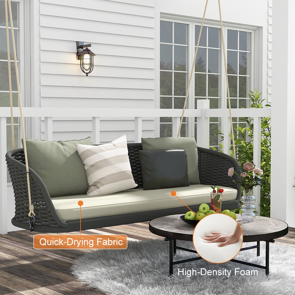 HMR Traditional Wide Outdoor Woven Rope Swing Sofa Hanging Chair with Cushion - Dark Green