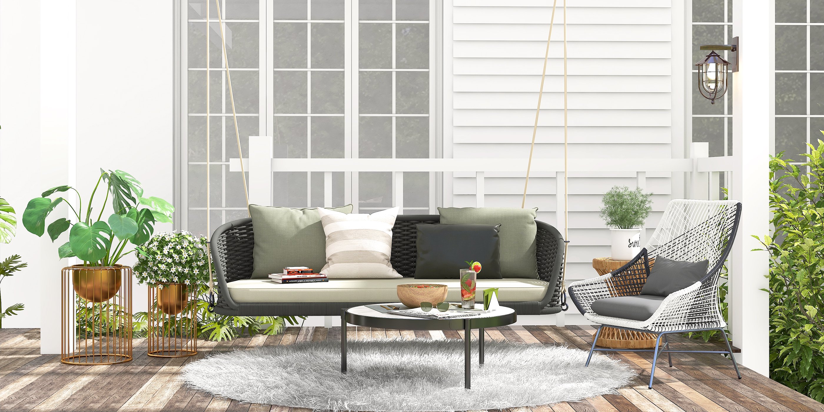 HMR Traditional Wide Outdoor Woven Rope Swing Sofa Hanging Chair with Cushion - Dark Green
