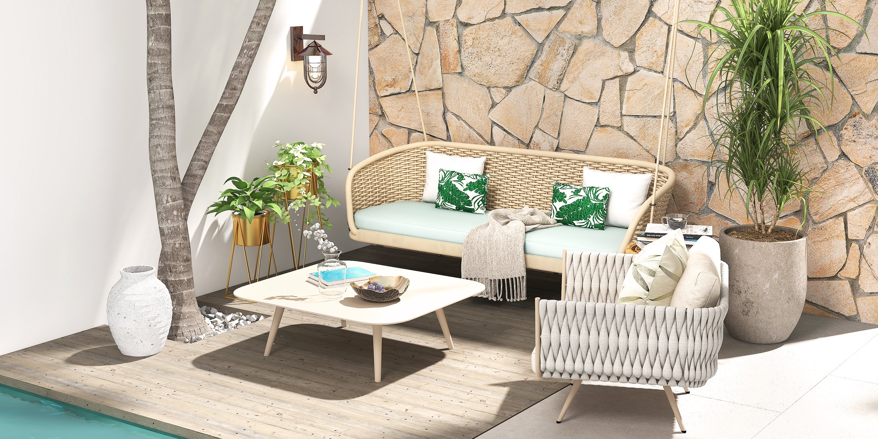 HMR - Traditional Wide Outdoor Woven Rope Swing Sofa Hanging Chair with Cushion