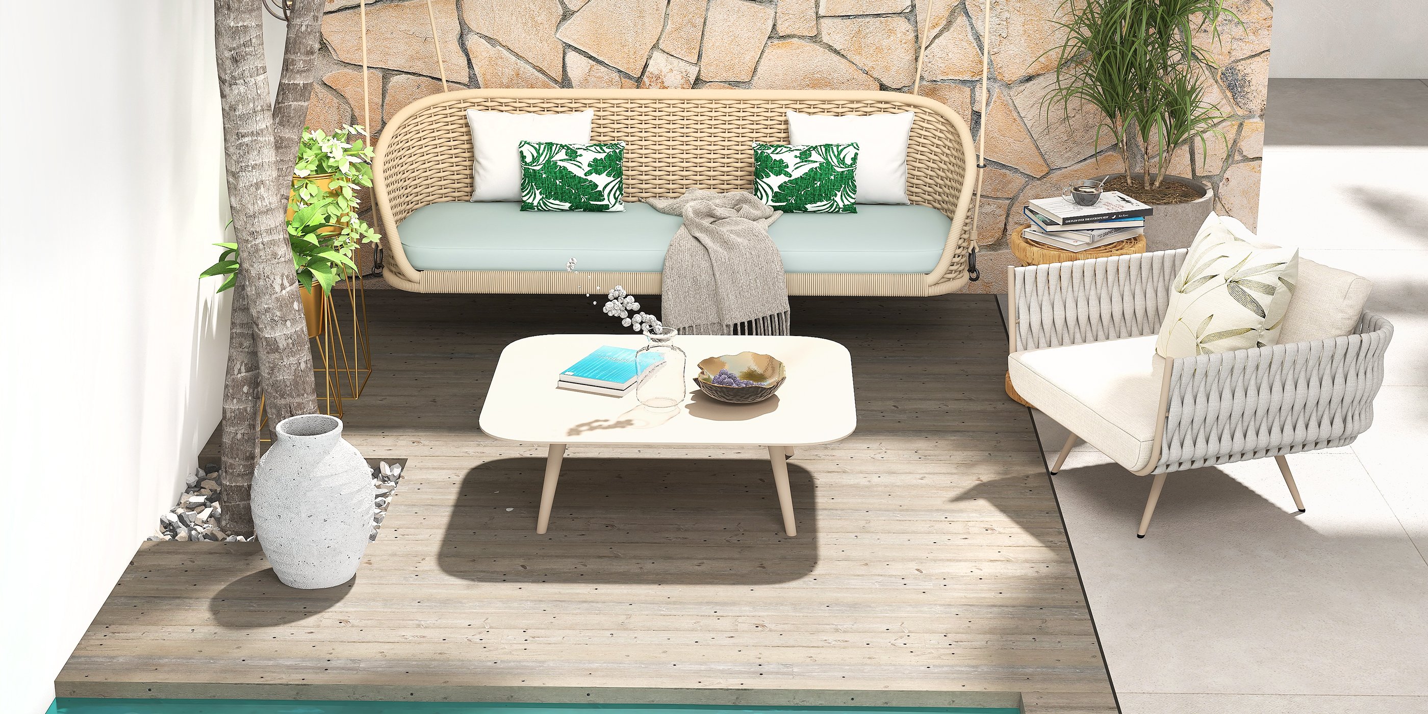 HMR - Traditional Wide Outdoor Woven Rope Swing Sofa Hanging Chair with Cushion