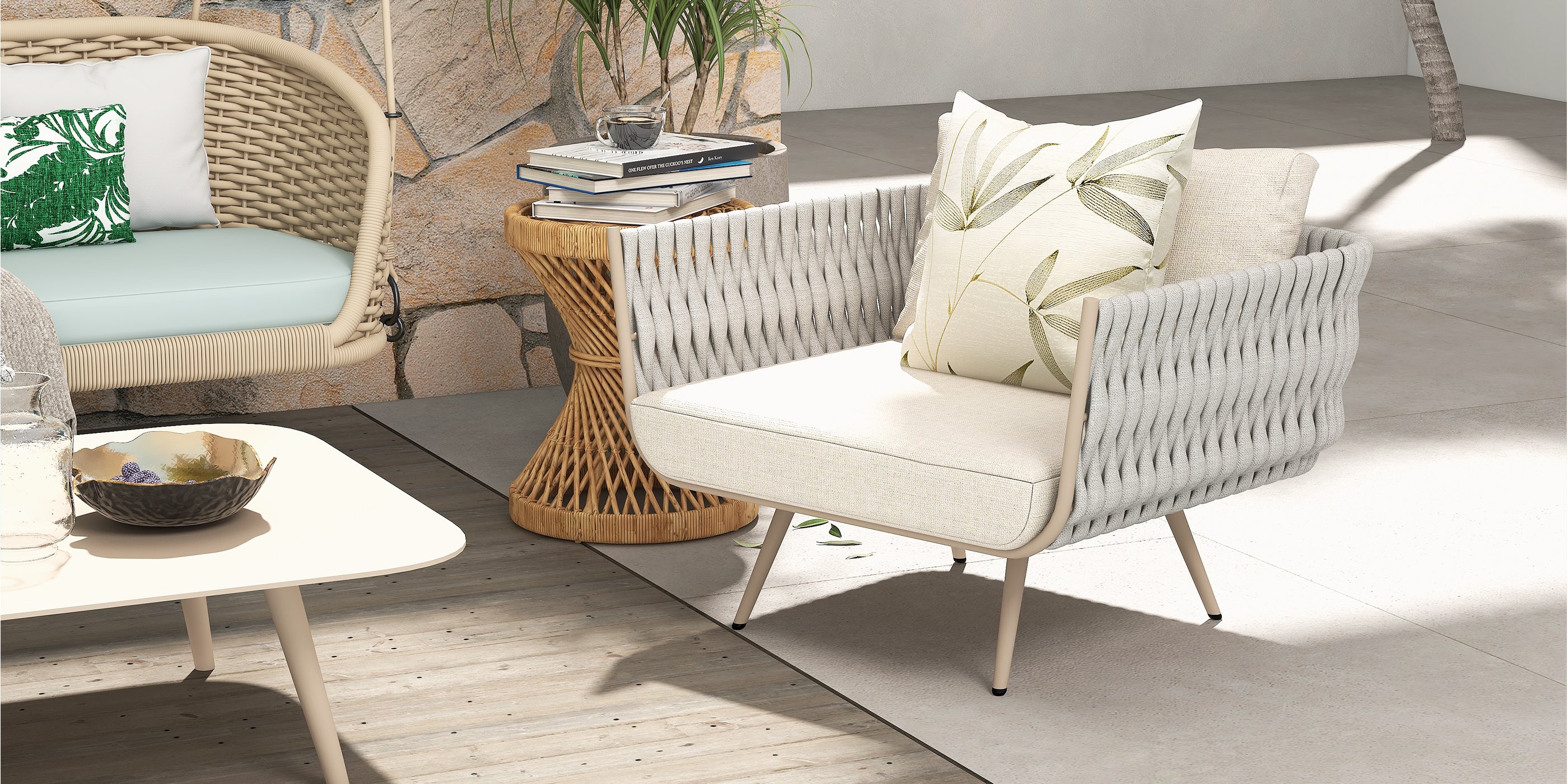 HMR - Traditional Wide Outdoor Woven Rope Swing Sofa Hanging Chair with Cushion