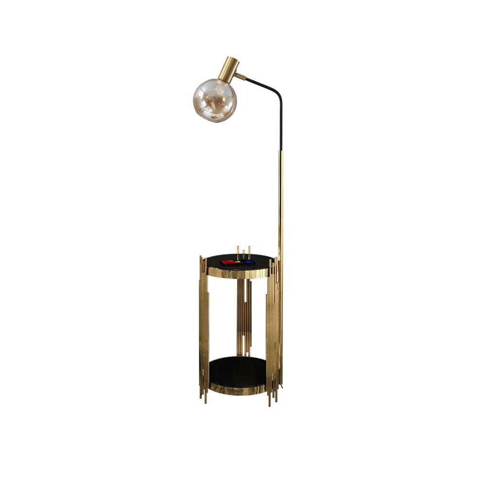HMR Modern Floor Lamp End Table with Glass Shade, Wireless Charger & USB Port - Gold/Black