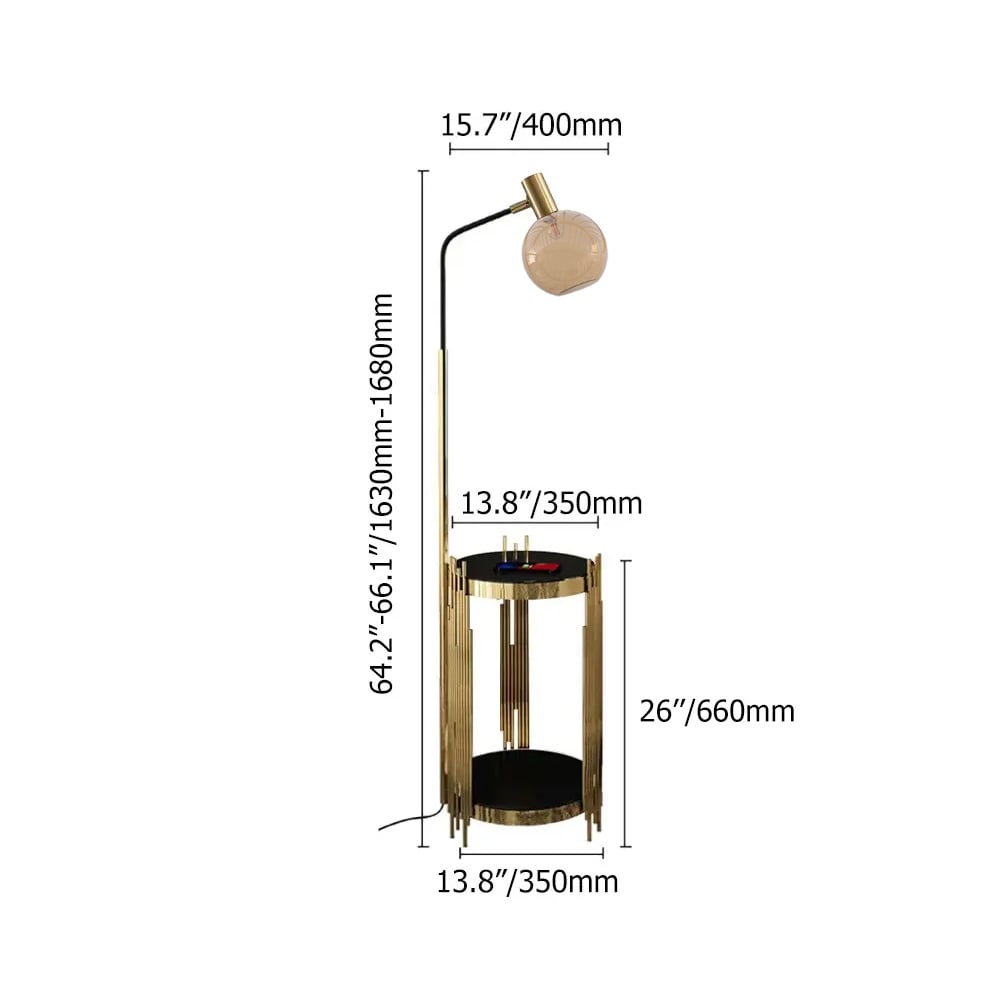 HMR Modern Floor Lamp End Table with Glass Shade, Wireless Charger & USB Port - Gold/Black