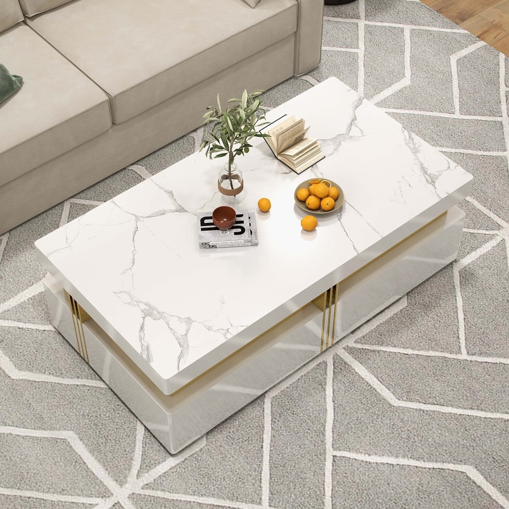 HMR Trimied Modern Wood Coffee Table with Storage Center Table with Stainless Steel Base - White