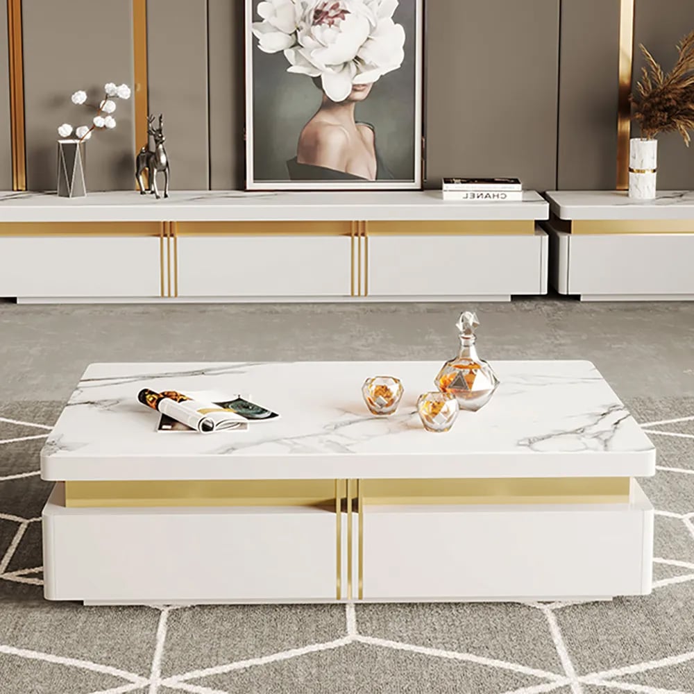 HMR Trimied Modern Wood Coffee Table with Storage Center Table with Stainless Steel Base - White
