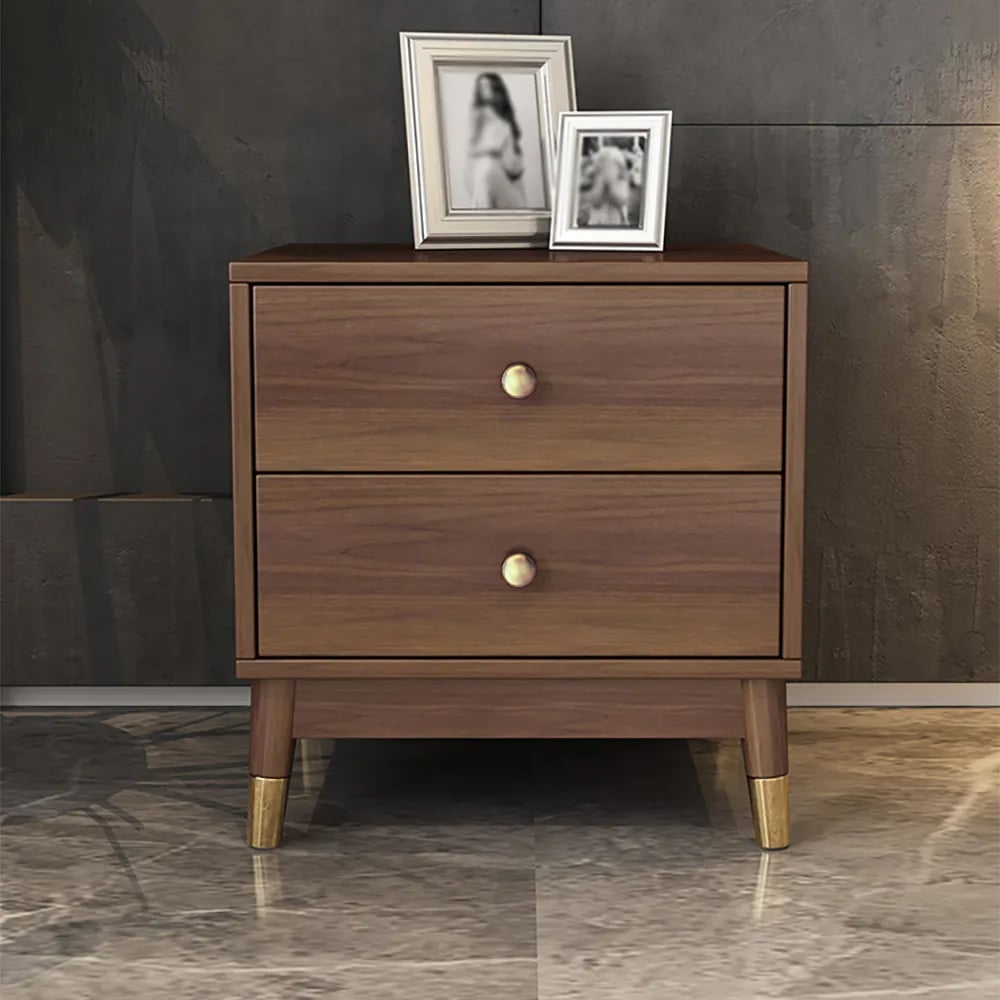 HMR - Ultic Walnut Nightstand 2-Drawer Chest Low Bedside Table with Sotrage