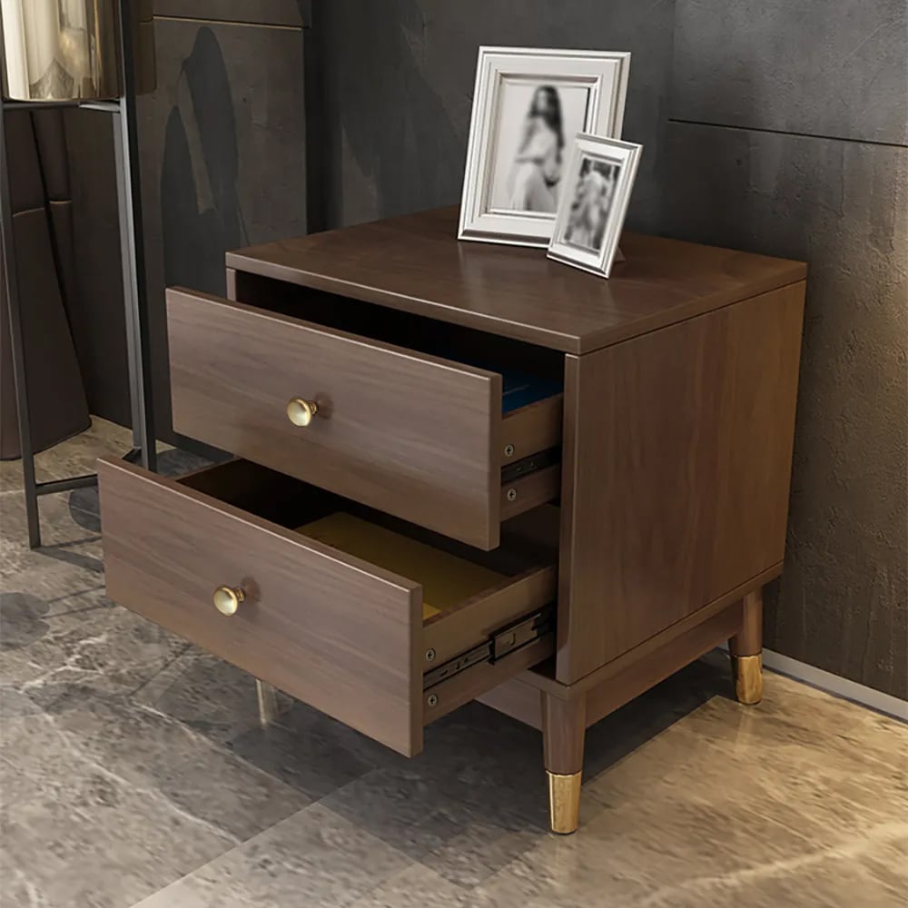 HMR - Ultic Walnut Nightstand 2-Drawer Chest Low Bedside Table with Sotrage