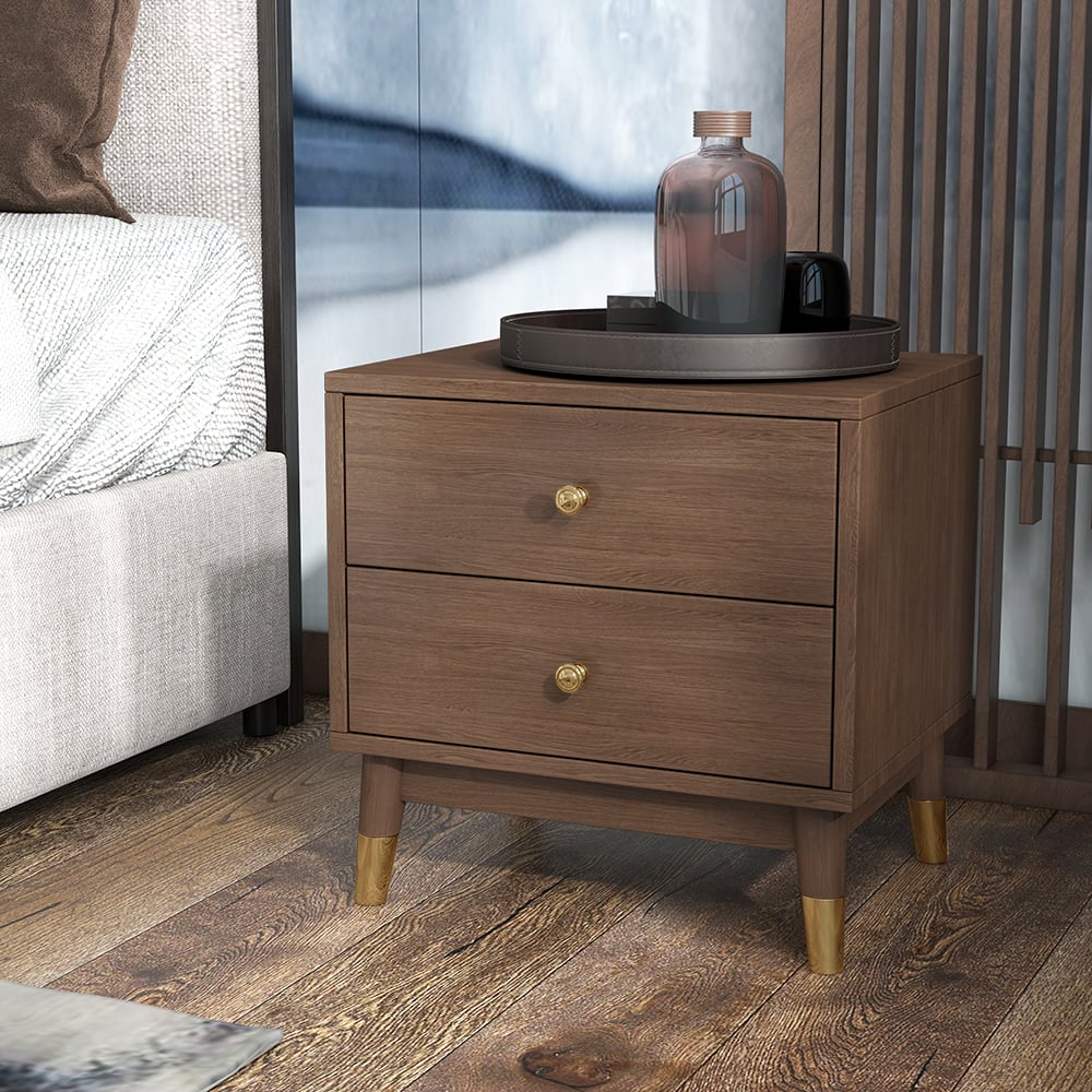 HMR - Ultic Walnut Nightstand 2-Drawer Chest Low Bedside Table with Sotrage
