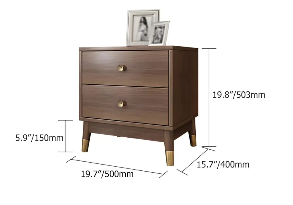 HMR - Ultic Walnut Nightstand 2-Drawer Chest Low Bedside Table with Sotrage