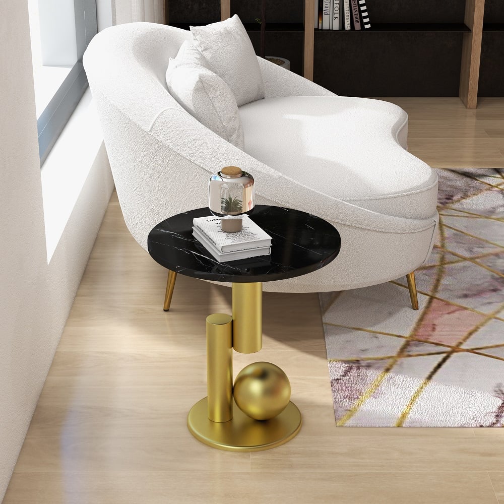 HMR Modern Round End Table with Abstract Metal Base - Black