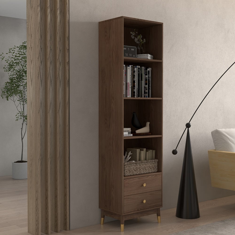 HMR - Ultic Modern & Minimalist Book Shelf with 3 Shelves & 2 Drawers in Walnut