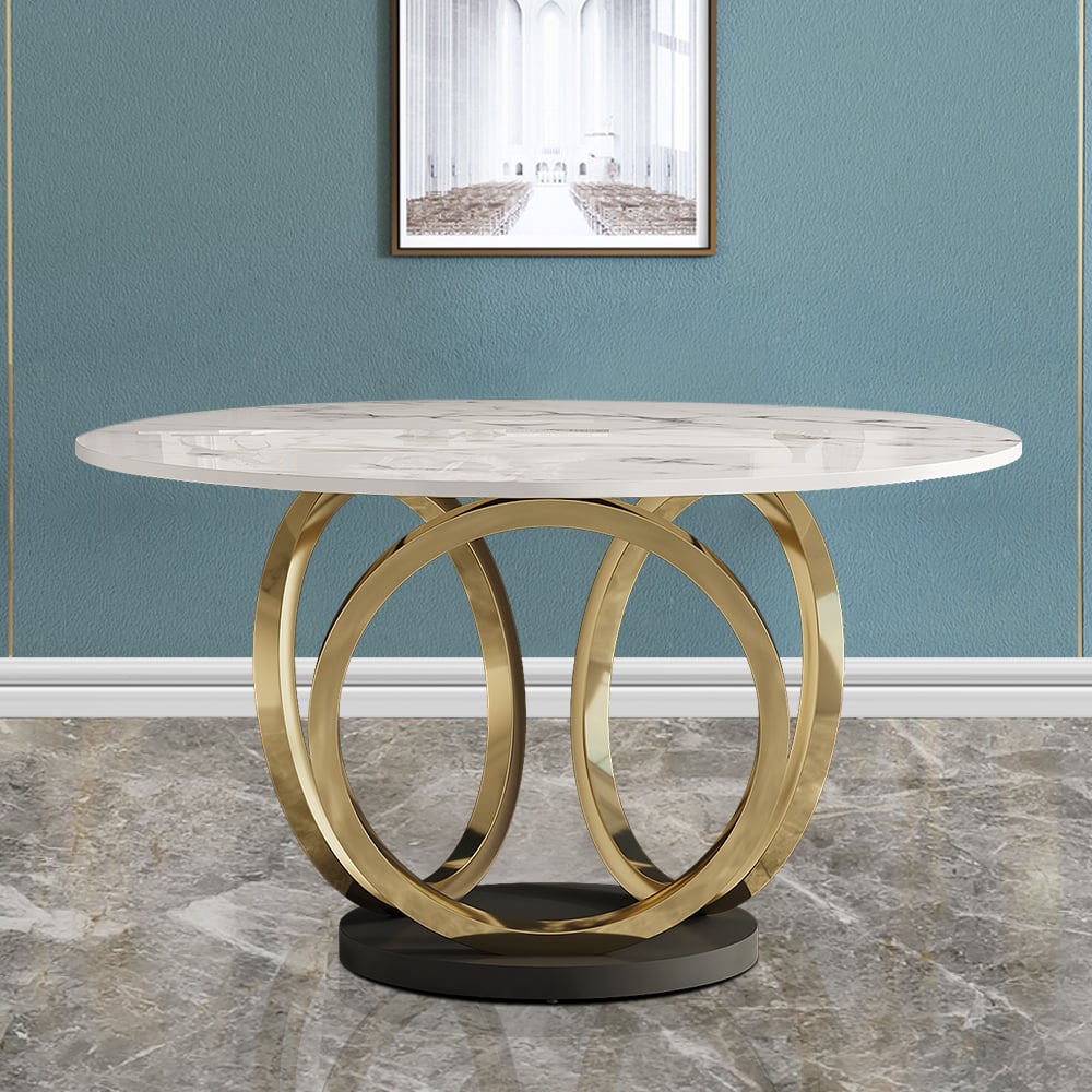 HMR - 59.1" Modern Round Sintered Stone Dining Table White & Gold Seats 4-6 People