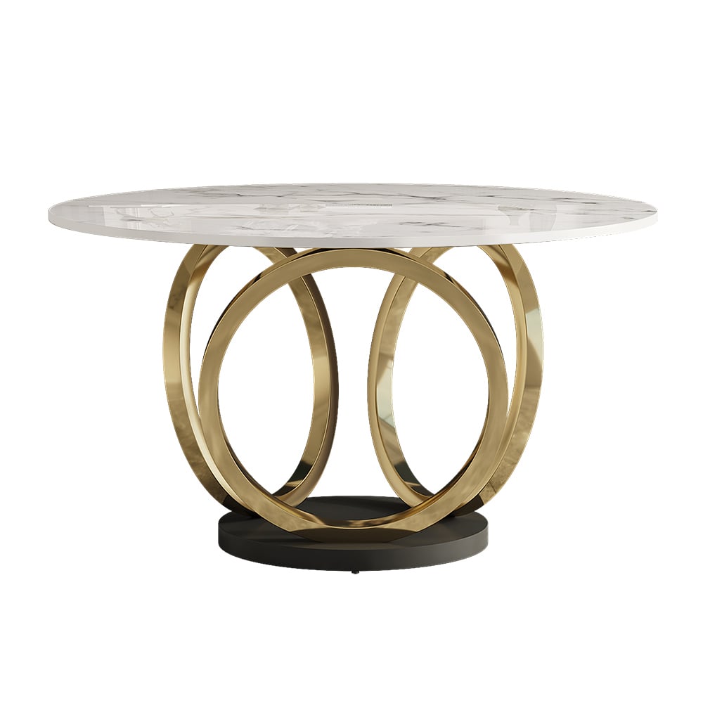 HMR - 59.1" Modern Round Sintered Stone Dining Table White & Gold Seats 4-6 People