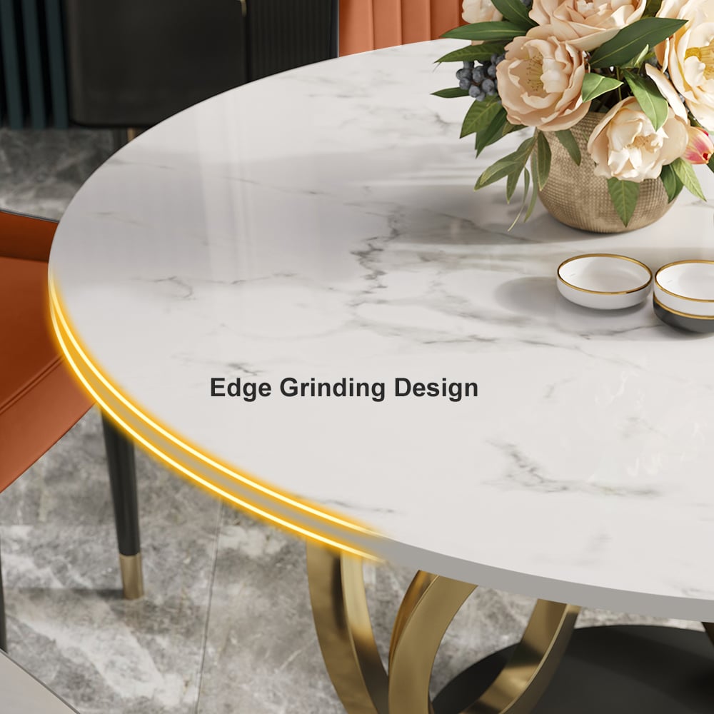 HMR - 59.1" Modern Round Sintered Stone Dining Table White & Gold Seats 4-6 People