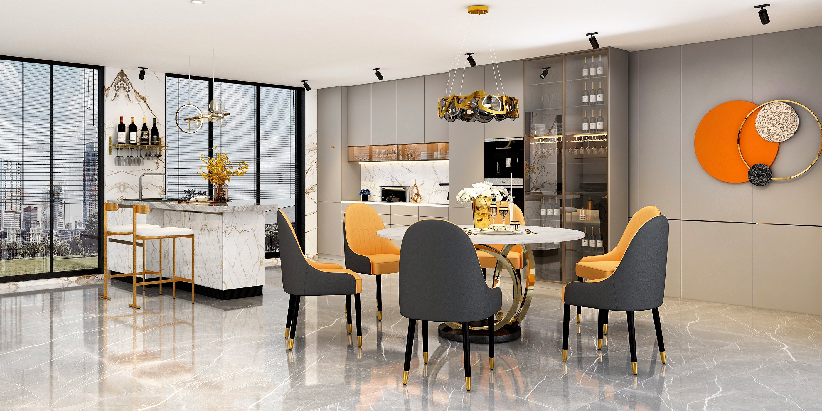 HMR - 59.1" Modern Round Sintered Stone Dining Table White & Gold Seats 4-6 People