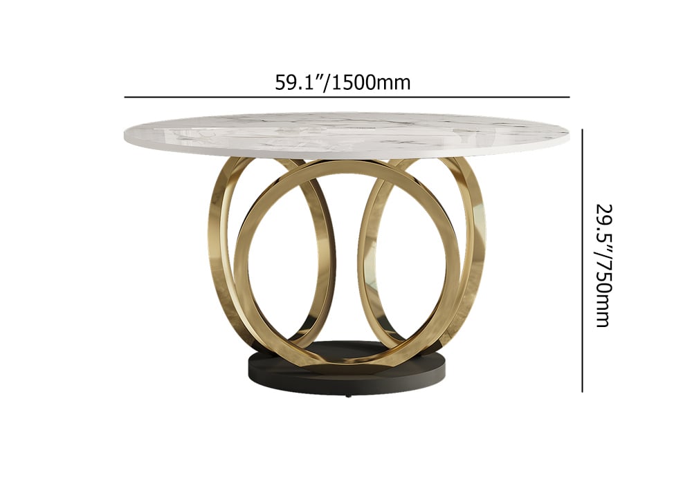 HMR - 59.1" Modern Round Sintered Stone Dining Table White & Gold Seats 4-6 People