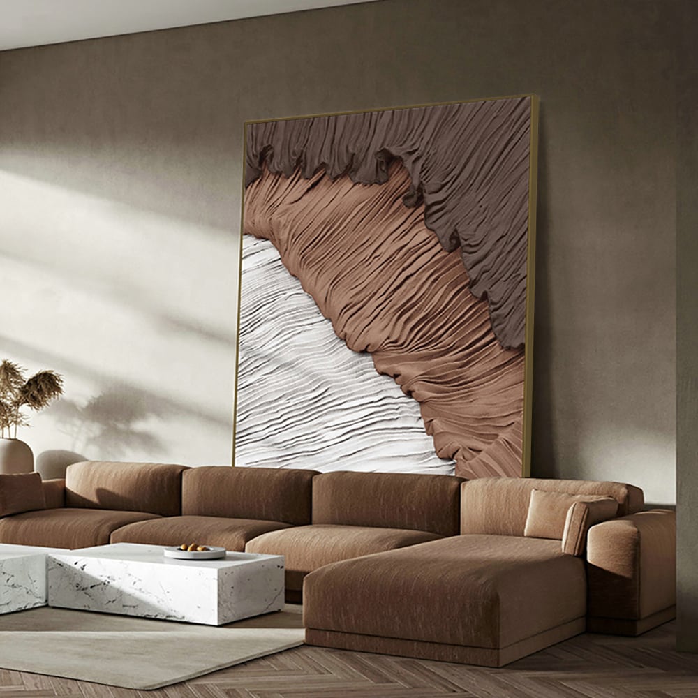 HMR - Japandi Abstract Canvas Wall Art Print Framed Wall Decor in White & Brown