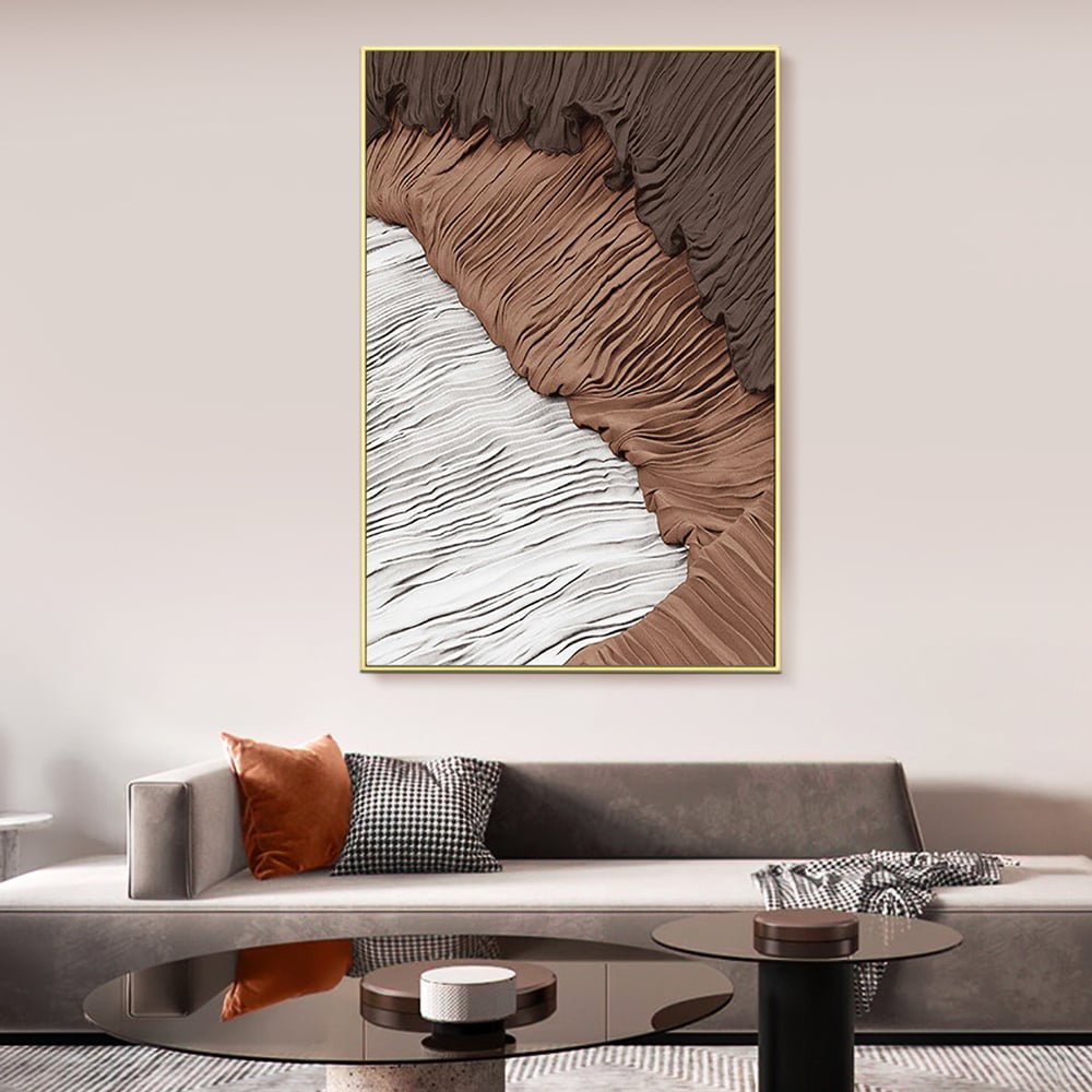 HMR - Japandi Abstract Canvas Wall Art Print Framed Wall Decor in White & Brown