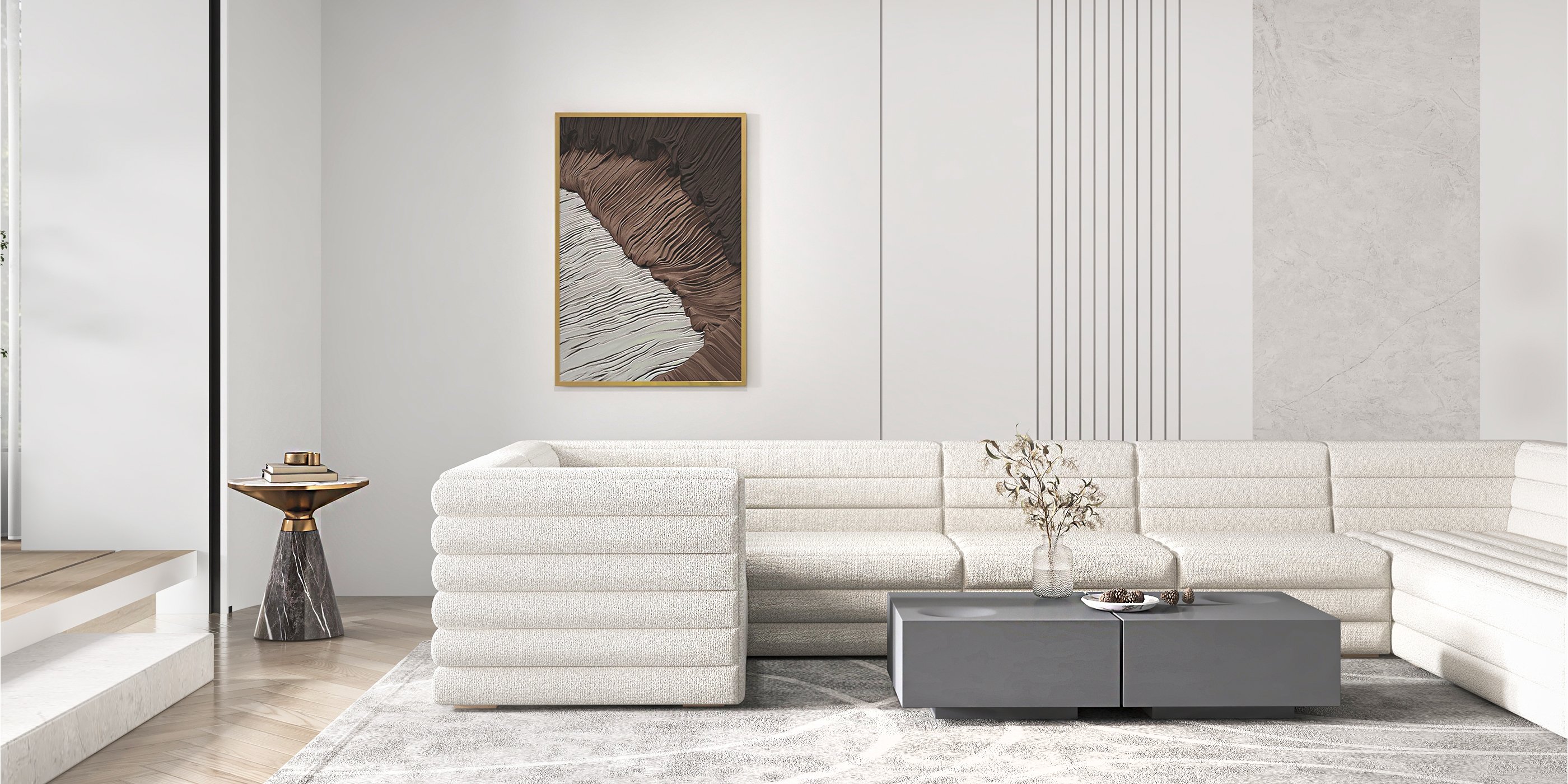 HMR - Japandi Abstract Canvas Wall Art Print Framed Wall Decor in White & Brown