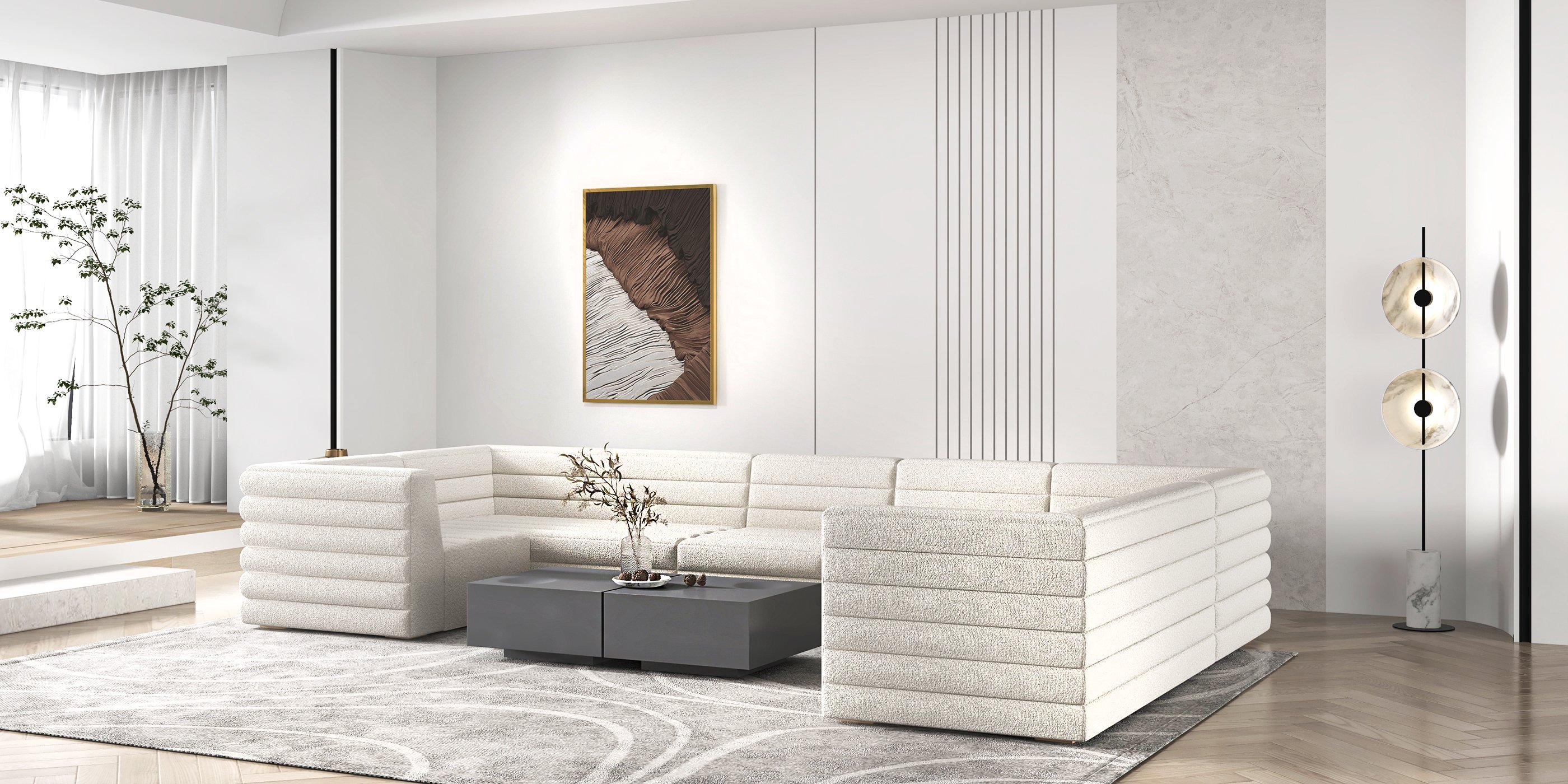 HMR - Japandi Abstract Canvas Wall Art Print Framed Wall Decor in White & Brown