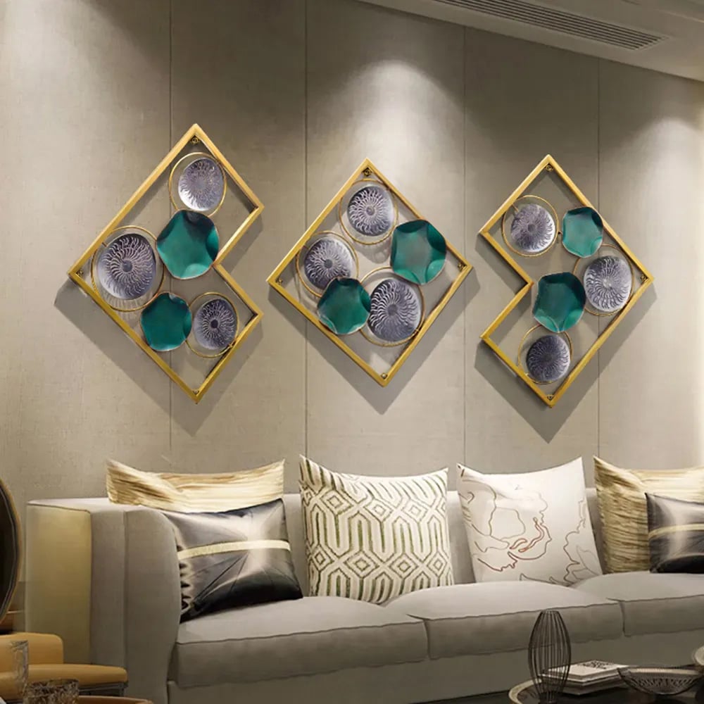 HMR - 3 Pieces Lotus Leaves Metal Wall Decor with Square Frame in Gold