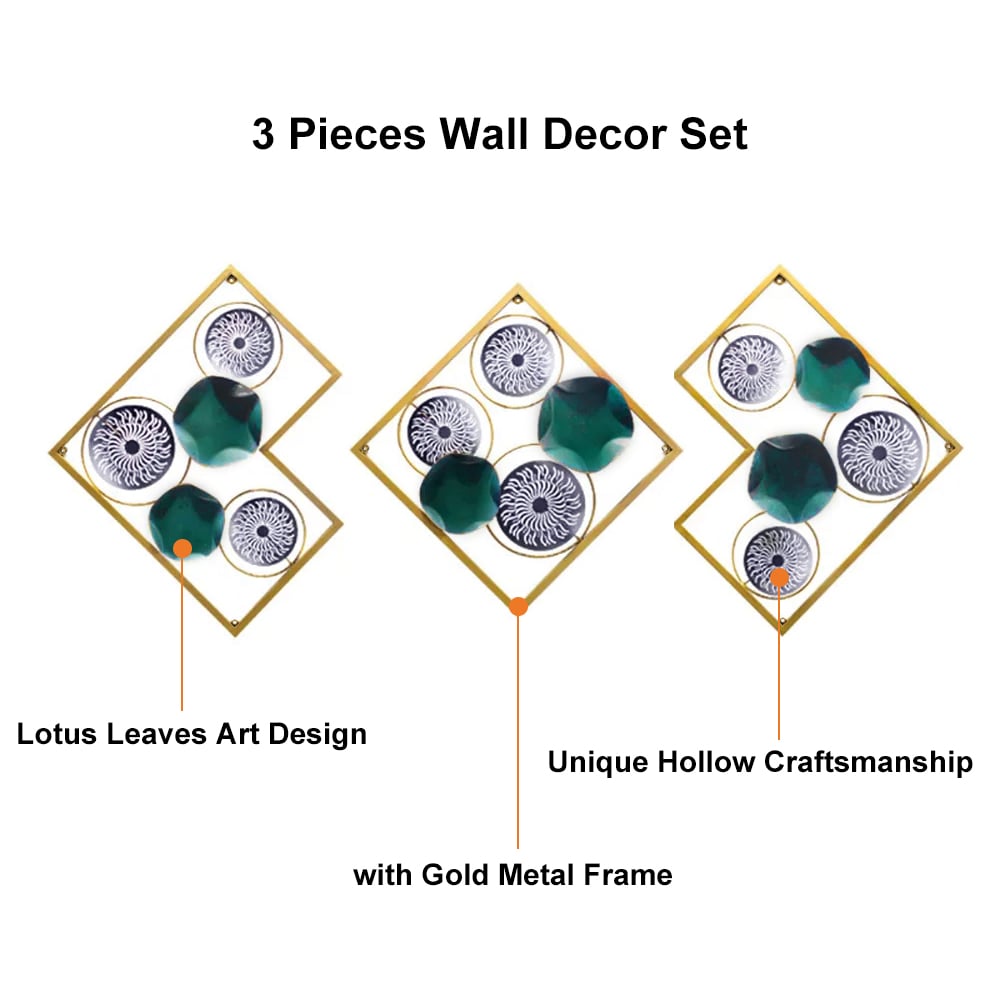 HMR - 3 Pieces Lotus Leaves Metal Wall Decor with Square Frame in Gold