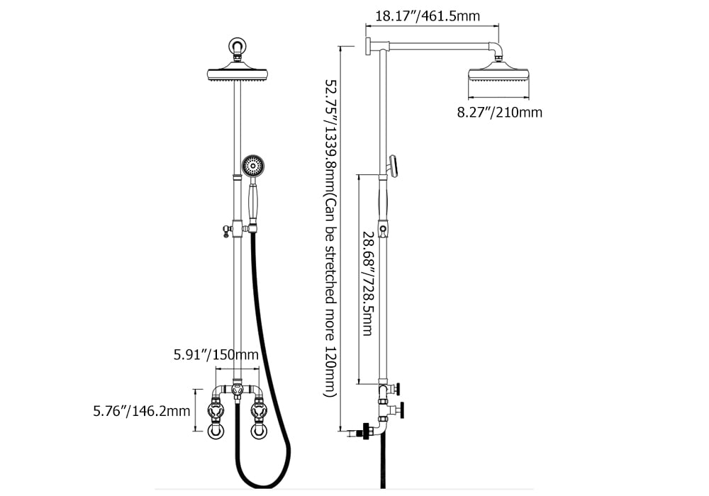 HMR - Industrial Style Wall-Mounted Shower System 2-function in Black