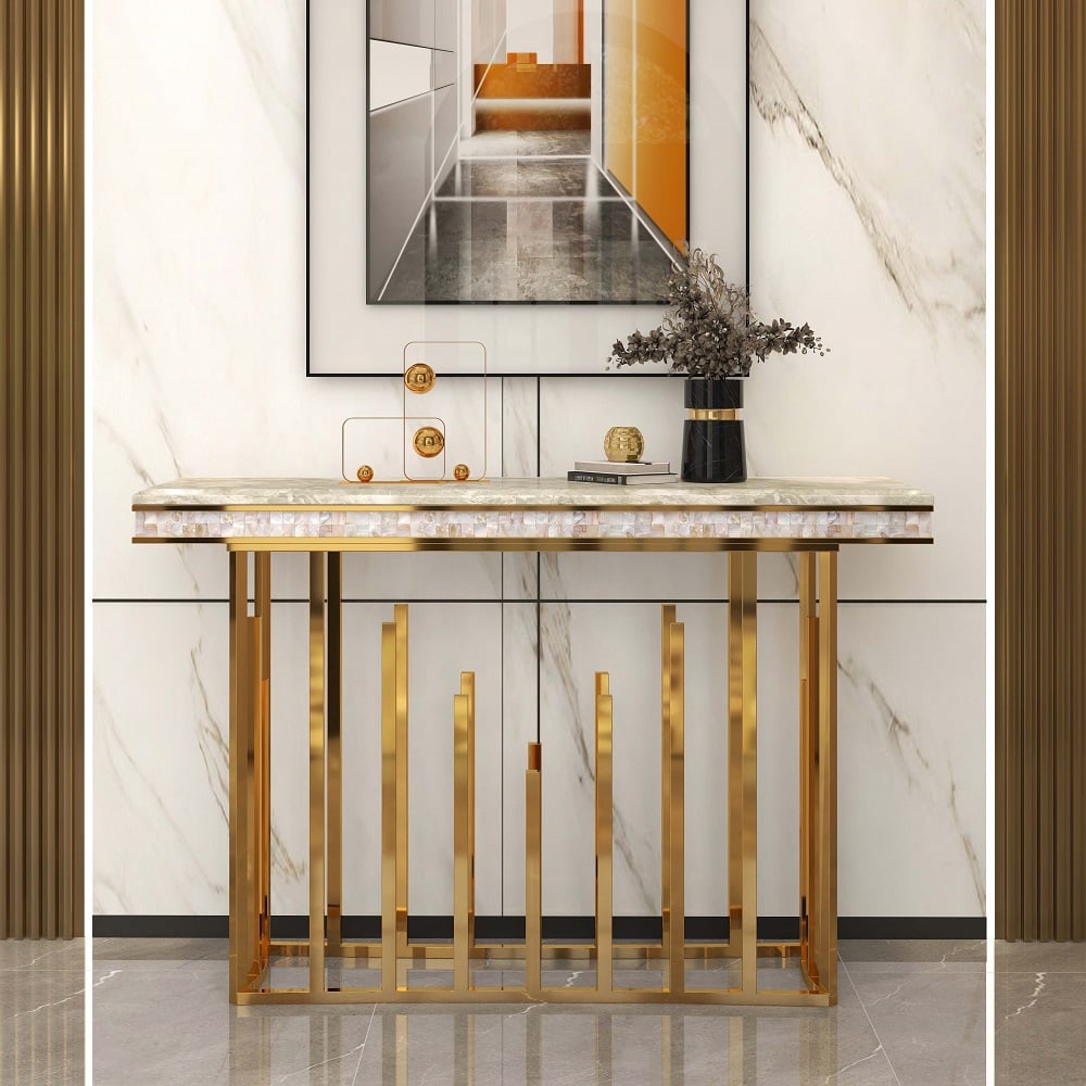 HMR - 59.1" Modern Marble Console Table Narrow Entryway Table with Gold Stainless Steel Base