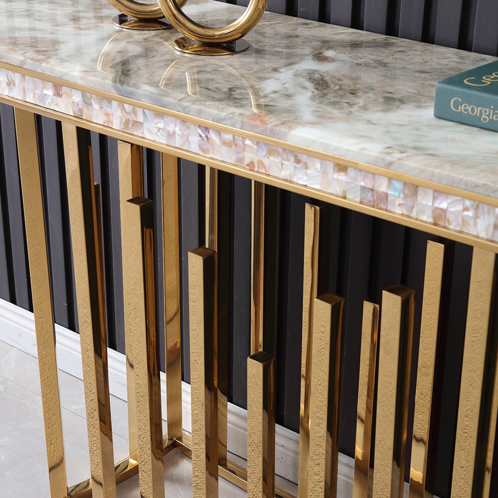 HMR - 59.1" Modern Marble Console Table Narrow Entryway Table with Gold Stainless Steel Base