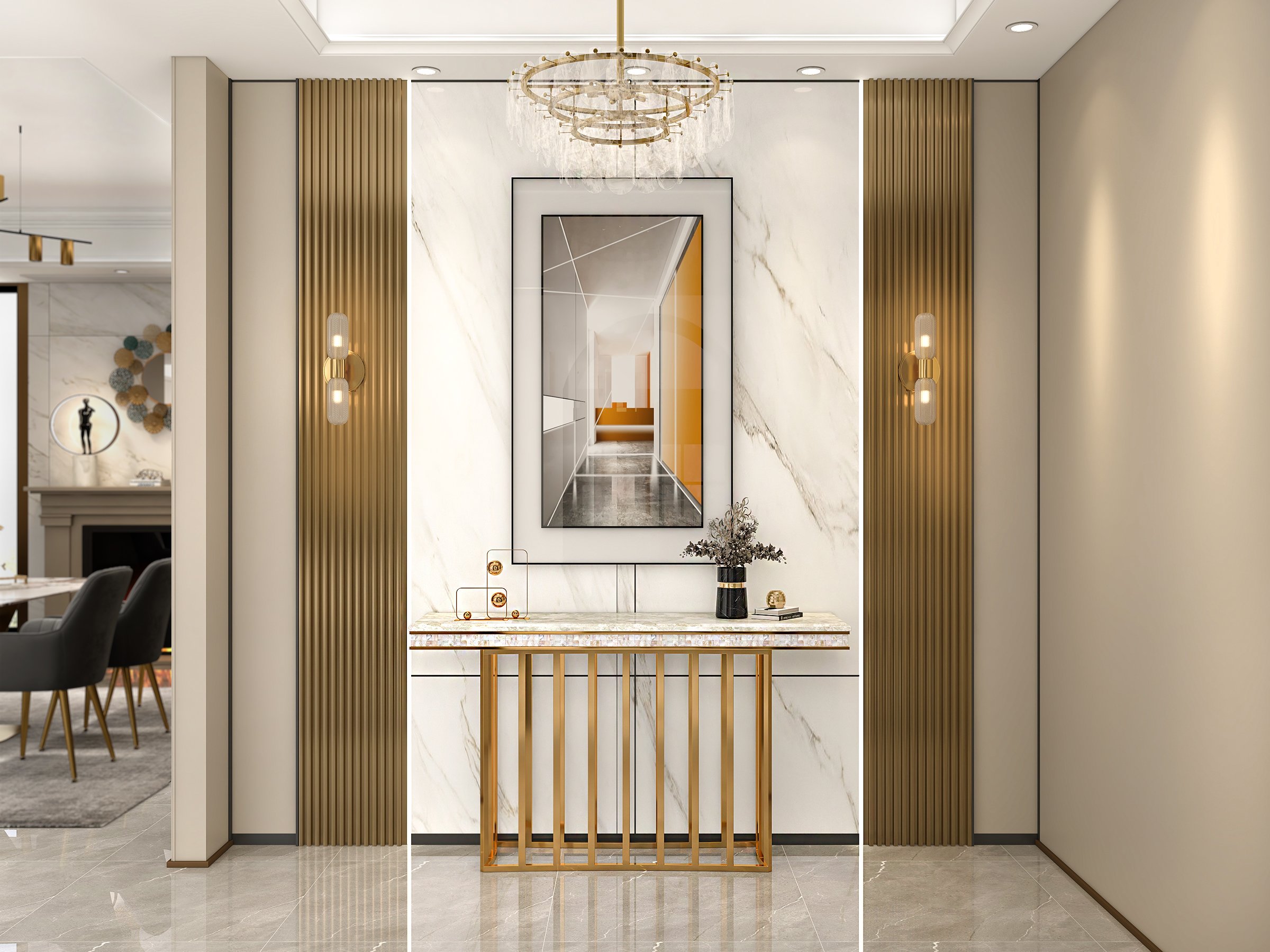HMR - 59.1" Modern Marble Console Table Narrow Entryway Table with Gold Stainless Steel Base