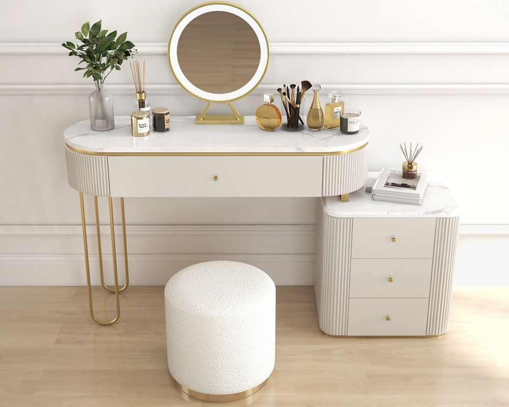 HMR - Oboval Modern Makeup Vanity Table with Side Cabinet 4 Drawers & Faux Marble Top in White