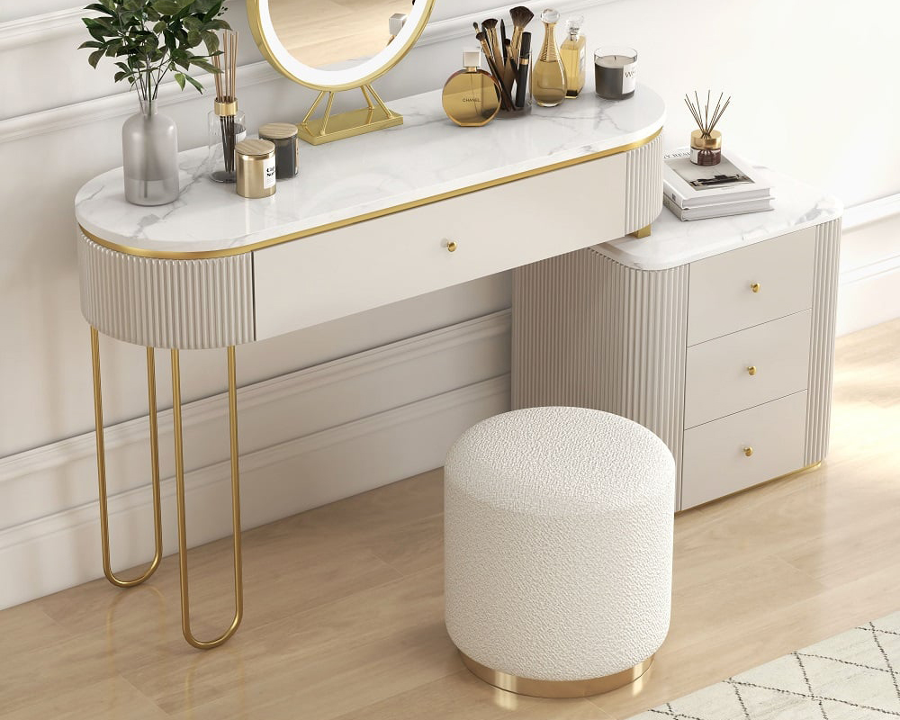 HMR - Oboval Modern Makeup Vanity Table with Side Cabinet 4 Drawers & Faux Marble Top in White