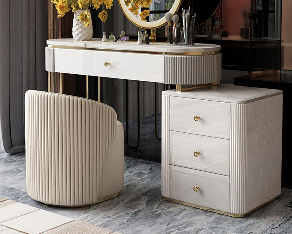 HMR - Oboval Modern Makeup Vanity Table with Side Cabinet 4 Drawers & Faux Marble Top in White