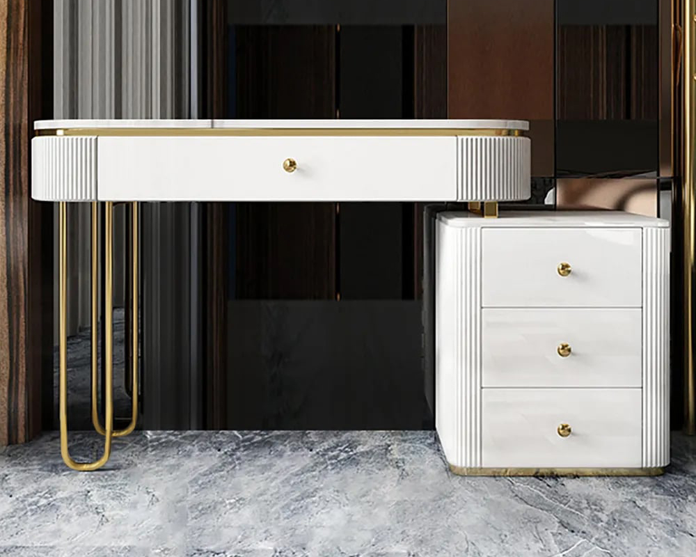 HMR - Oboval Modern Makeup Vanity Table with Side Cabinet 4 Drawers & Faux Marble Top in White