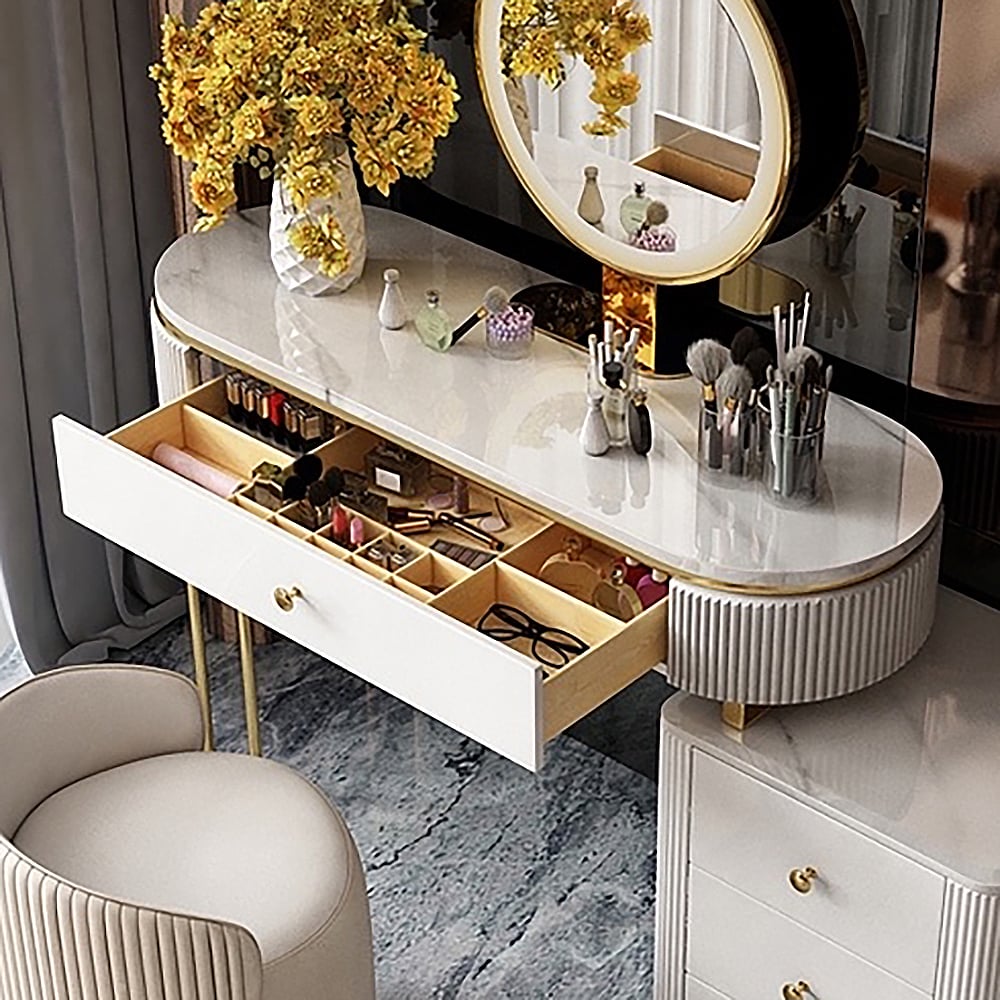 HMR - Oboval Modern Makeup Vanity Table with Side Cabinet 4 Drawers & Faux Marble Top in White