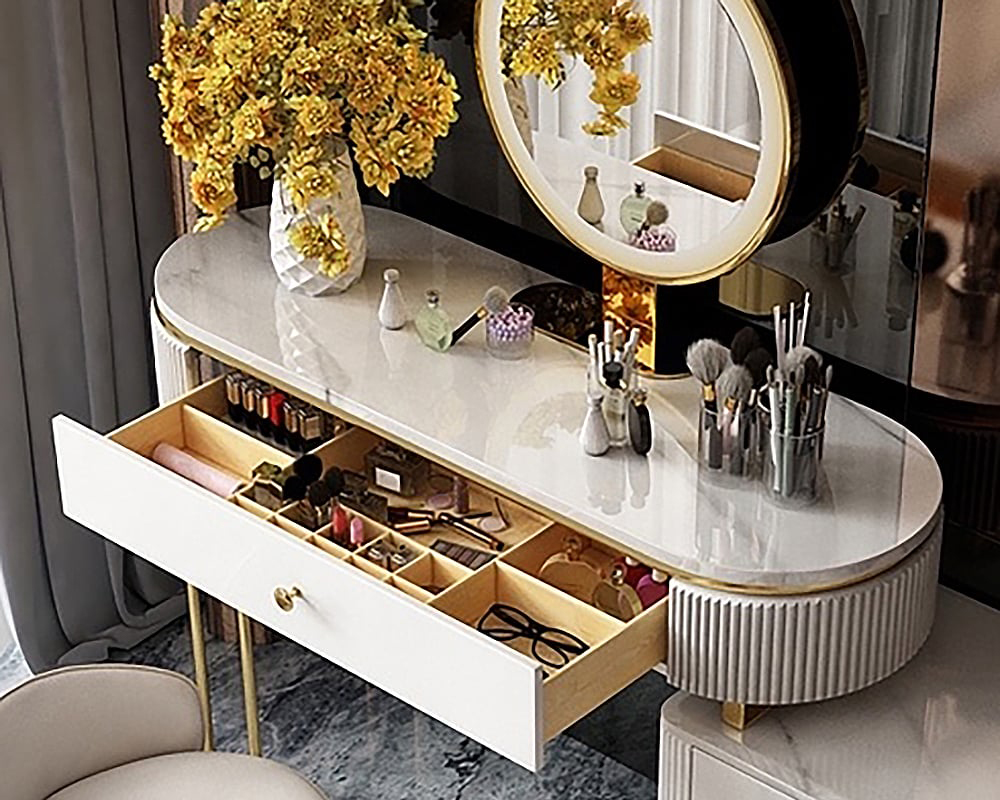 HMR - Oboval Modern Makeup Vanity Table with Side Cabinet 4 Drawers & Faux Marble Top in White