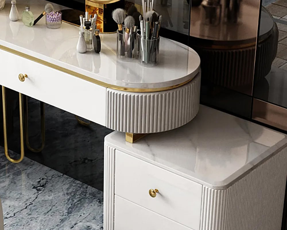 HMR - Oboval Modern Makeup Vanity Table with Side Cabinet 4 Drawers & Faux Marble Top in White