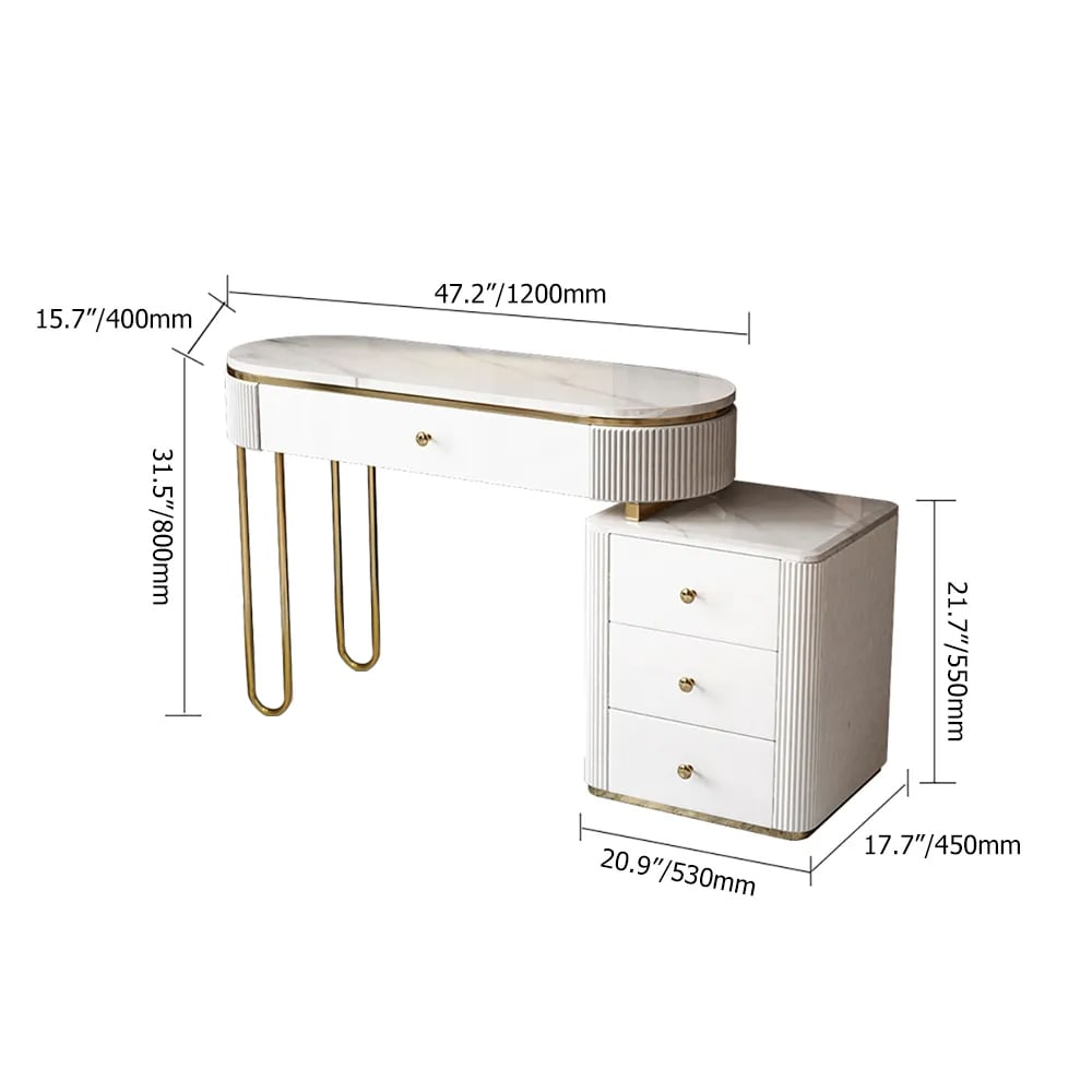 HMR - Oboval Modern Makeup Vanity Table with Side Cabinet 4 Drawers & Faux Marble Top in White