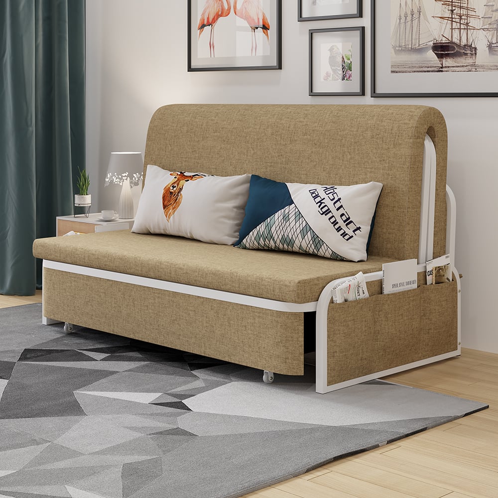 HMR Modern 2-Seater Linen Sleeper Sofa with Trundle - Khaki, Queen Size