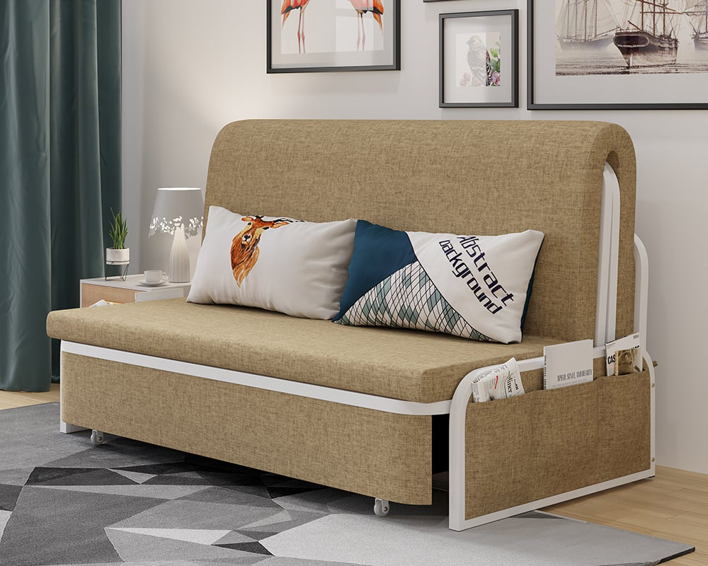 HMR Modern 2-Seater Linen Sleeper Sofa with Trundle - Khaki, Queen Size
