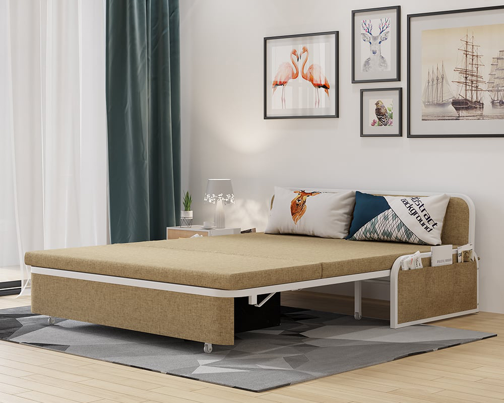 HMR Modern 2-Seater Linen Sleeper Sofa with Trundle - Khaki, Queen Size