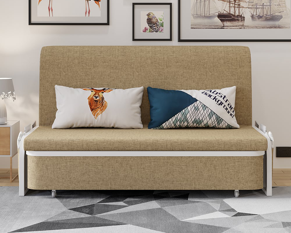 HMR Modern 2-Seater Linen Sleeper Sofa with Trundle - Khaki, Queen Size
